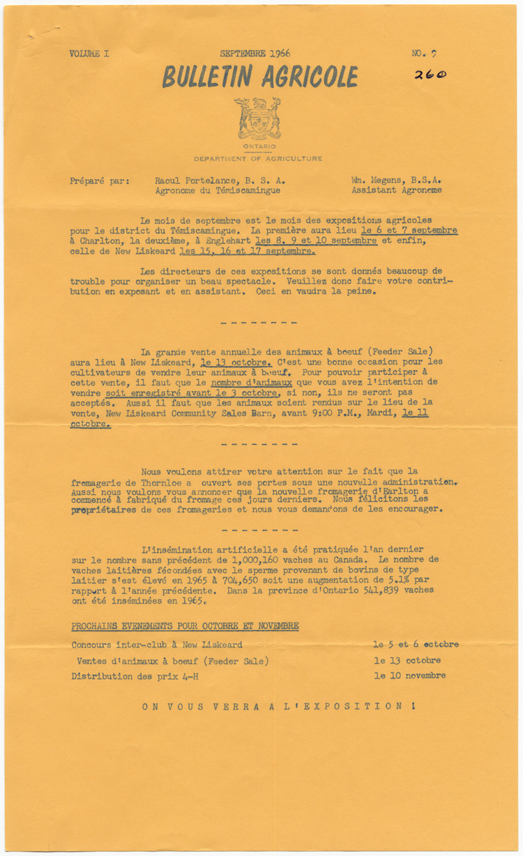 Reproduction de la premi&egrave;re page du neuvi&egrave;me num&eacute;ro du premier volume du Bulletin agricole, pr&eacute;par&eacute; par Raoul Portelance, agronome du T&eacute;miscamingue au minist&egrave;re de l’Agriculture de l’Ontario, au sujet de l’&eacute;levage des vaches laiti&egrave;res et d’animaux &agrave; boeuf, septembre 1966.