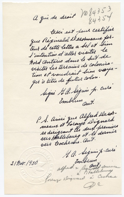 Reproduction de la lettre de recommandation de G. A. S&eacute;guin, pr&ecirc;tre-cur&eacute; de Embrun (Ontario), pour R&eacute;ginald Desormeaux, Alfred Desormeaux et Lorenzo Dignard qui souhaitent se rendre visiter des terrains de colonisation dans les r&eacute;gions de Hall&eacute;bourg et de Cochrane (Ontario), 21 novembre 1950.