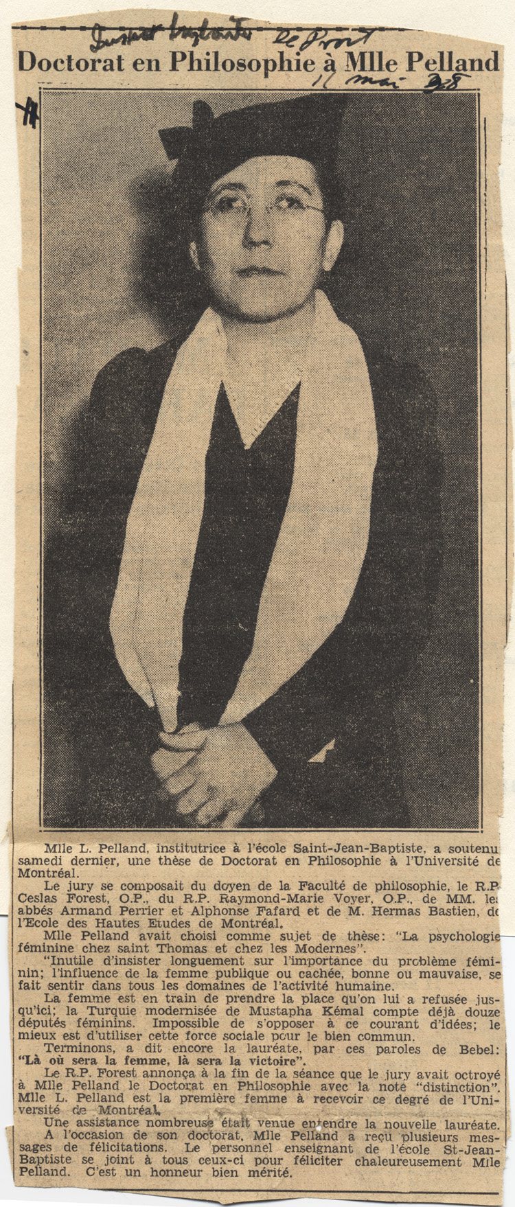 Reproduction d’un article paru dans le journal Le Droit du 11 mai 1938 au sujet de l’obtention par Laurence Pelland d’un doctorat en philosophie de l’Universit&eacute; de Montr&eacute;al, 1938.