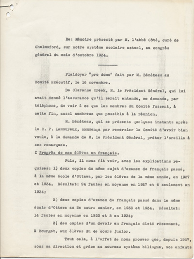 Reproduction de la premi&egrave;re page du texte du t&eacute;moignage de Am&eacute;d&eacute;e B&eacute;n&eacute;teau, directeur de l’enseignement fran&ccedil;ais en Ontario, au comit&eacute; ex&eacute;cutif de l’Association canadienne-fran&ccedil;aise d’&eacute;ducation d’Ontario, le 16 novembre 1934, au sujet du m&eacute;moire de l’abb&eacute; St&eacute;phane C&ocirc;t&eacute;, 1934.