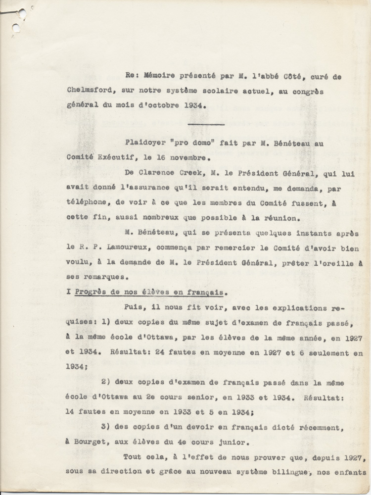 Reproduction de la premi&egrave;re page du texte du t&eacute;moignage de Am&eacute;d&eacute;e B&eacute;n&eacute;teau, directeur de l’enseignement fran&ccedil;ais en Ontario, au comit&eacute; ex&eacute;cutif de l’Association canadienne-fran&ccedil;aise d’&eacute;ducation d’Ontario, le 16 novembre 1934, au sujet du m&eacute;moire de l’abb&eacute; St&eacute;phane C&ocirc;t&eacute;, 1934.