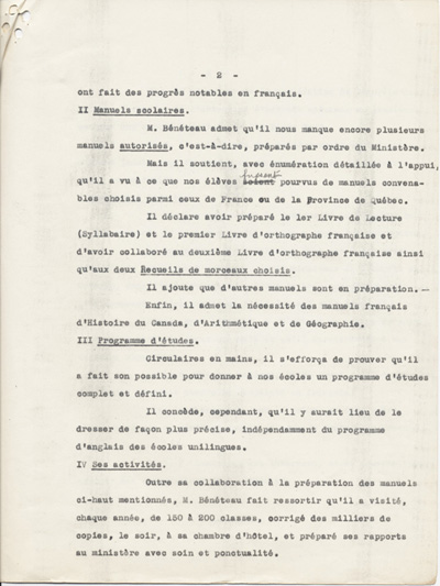Reproduction de la deuxi&egrave;me page du texte du t&eacute;moignage de Am&eacute;d&eacute;e B&eacute;n&eacute;teau, directeur de l’enseignement fran&ccedil;ais en Ontario, au comit&eacute; ex&eacute;cutif de l’Association canadienne-fran&ccedil;aise d’&eacute;ducation d’Ontario, le 16 novembre 1934, au sujet du m&eacute;moire de l’abb&eacute; St&eacute;phane C&ocirc;t&eacute;, 1934.