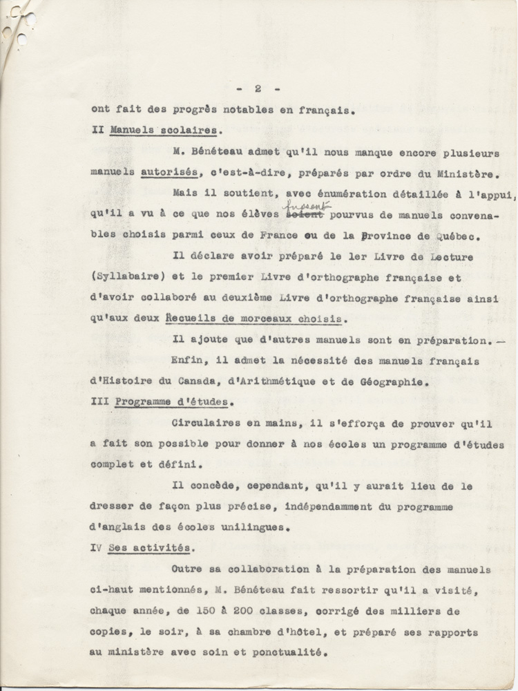Reproduction de la deuxi&egrave;me page du texte du t&eacute;moignage de Am&eacute;d&eacute;e B&eacute;n&eacute;teau, directeur de l’enseignement fran&ccedil;ais en Ontario, au comit&eacute; ex&eacute;cutif de l’Association canadienne-fran&ccedil;aise d’&eacute;ducation d’Ontario, le 16 novembre 1934, au sujet du m&eacute;moire de l’abb&eacute; St&eacute;phane C&ocirc;t&eacute;, 1934.