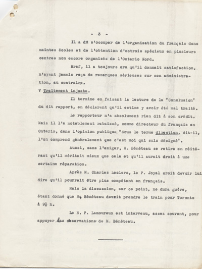 Reproduction de la troisi&egrave;me page du texte du t&eacute;moignage de Am&eacute;d&eacute;e B&eacute;n&eacute;teau, directeur de l’enseignement fran&ccedil;ais en Ontario, au comit&eacute; ex&eacute;cutif de l’Association canadienne-fran&ccedil;aise d’&eacute;ducation d’Ontario, le 16 novembre 1934, au sujet du m&eacute;moire de l’abb&eacute; St&eacute;phane C&ocirc;t&eacute;, 1934.