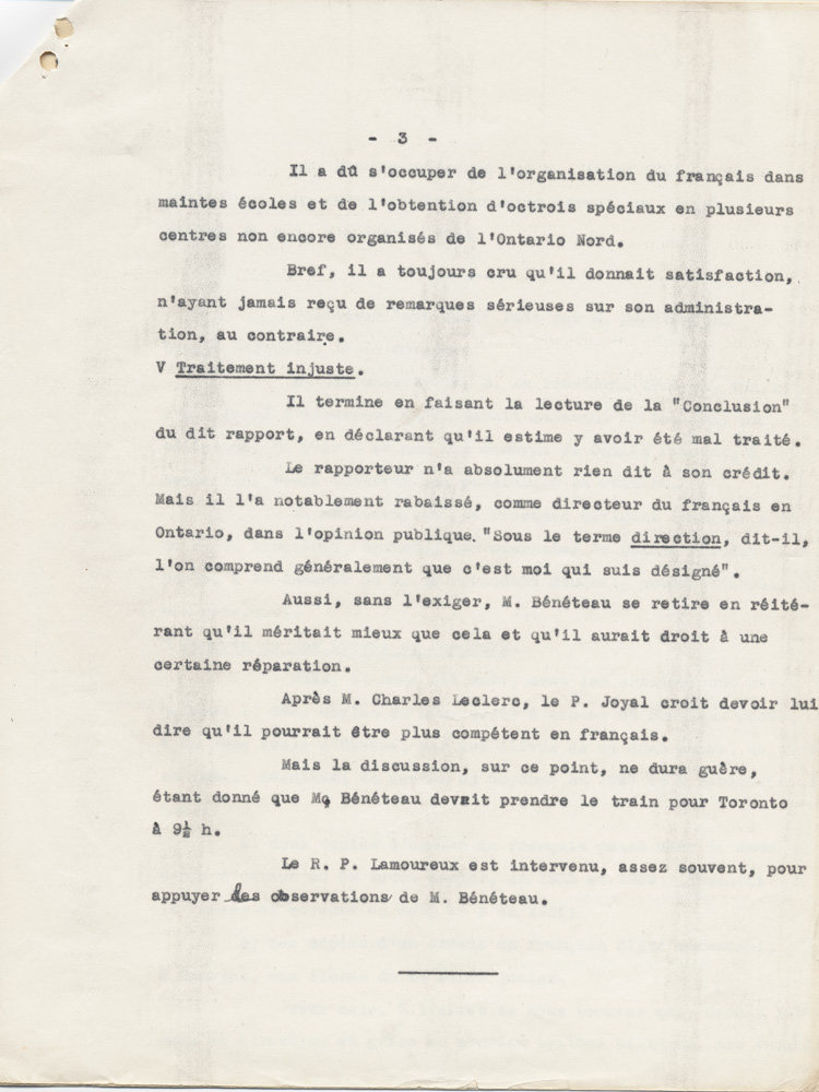 Reproduction de la troisi&egrave;me page du texte du t&eacute;moignage de Am&eacute;d&eacute;e B&eacute;n&eacute;teau, directeur de l’enseignement fran&ccedil;ais en Ontario, au comit&eacute; ex&eacute;cutif de l’Association canadienne-fran&ccedil;aise d’&eacute;ducation d’Ontario, le 16 novembre 1934, au sujet du m&eacute;moire de l’abb&eacute; St&eacute;phane C&ocirc;t&eacute;, 1934.