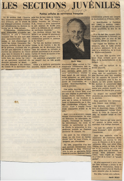 Reproduction d’un article de l’Oncle Jean, Victor Barrette intitul&eacute; Les sections juv&eacute;niles. Petites cellules de survivance fran&ccedil;aise, et paru dans journal Le Droit, 11 novembre 1950.