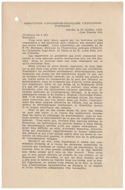 Reproduction de la premi&egrave;re page du Circulaire no 4 (G) du pr&eacute;sident de l’Association canadienne-fran&ccedil;aise d’&eacute;ducation d’Ontario, Napol&eacute;on-Antoine Belcourt, 30 octobre 1925. 