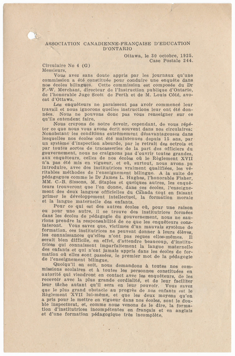 Reproduction de la premi&egrave;re page du Circulaire no 4 (G) du pr&eacute;sident de l’Association canadienne-fran&ccedil;aise d’&eacute;ducation d’Ontario, Napol&eacute;on-Antoine Belcourt, 30 octobre 1925. 