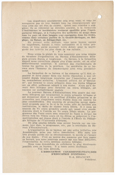 Reproduction de la deuxi&egrave;me page du Circulaire no 4 (G) du pr&eacute;sident de l’Association canadienne-fran&ccedil;aise d’&eacute;ducation d’Ontario, Napol&eacute;on-Antoine Belcourt, 30 octobre 1925.