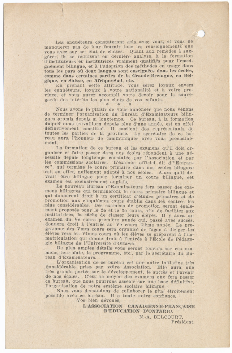Reproduction de la deuxi&egrave;me page du Circulaire no 4 (G) du pr&eacute;sident de l’Association canadienne-fran&ccedil;aise d’&eacute;ducation d’Ontario, Napol&eacute;on-Antoine Belcourt, 30 octobre 1925.