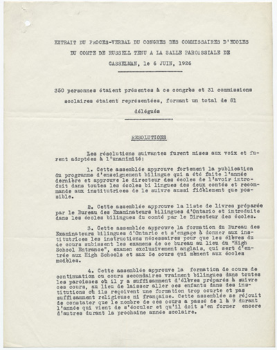 Reproduction de la premi&egrave;re page d’un extrait du proc&egrave;s-verbal du congr&egrave;s des commissaires d’&eacute;coles du comt&eacute; de Russell tenu &agrave; la salle paroissiale de Casselman (Ontario), le 6 juin 1926, 1926.