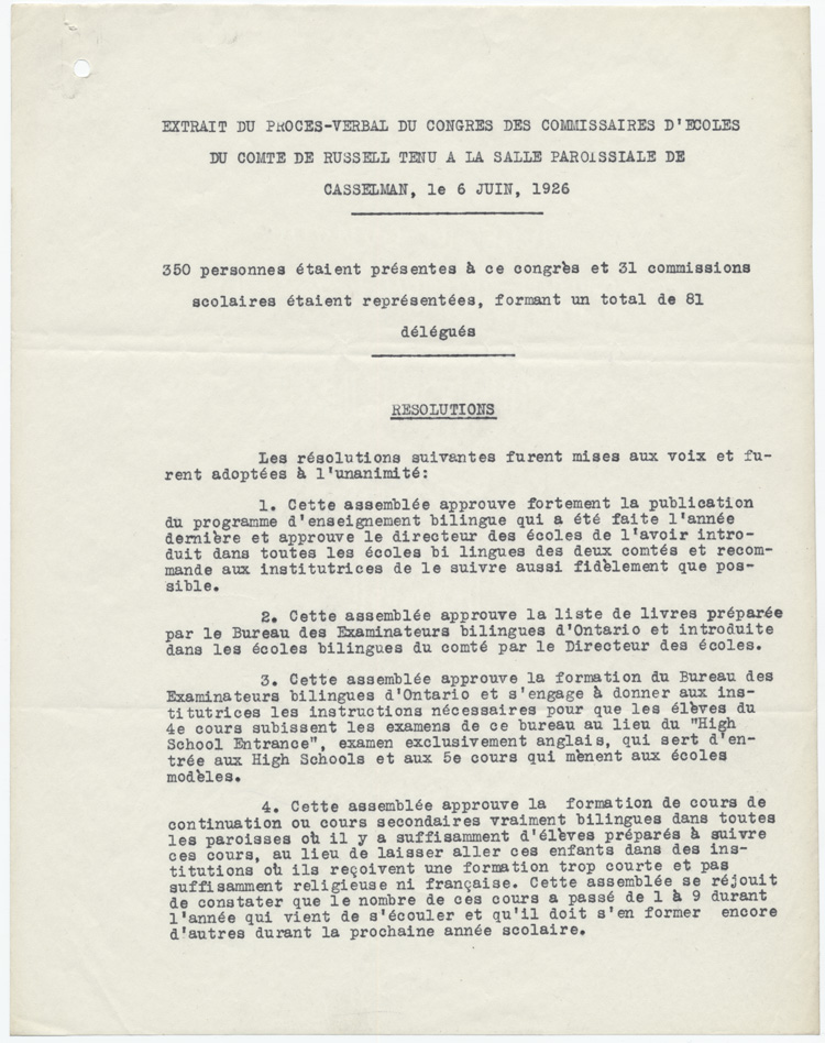 Reproduction de la premi&egrave;re page d’un extrait du proc&egrave;s-verbal du congr&egrave;s des commissaires d’&eacute;coles du comt&eacute; de Russell tenu &agrave; la salle paroissiale de Casselman (Ontario), le 6 juin 1926, 1926.
