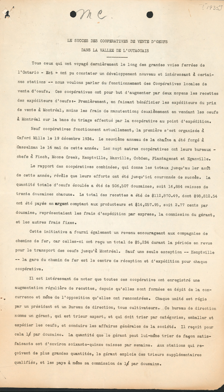 Reproduction de la premi&egrave;re page d’un document &eacute;manant du Bureau de publicit&eacute; et d’extension du minist&egrave;re de l’Agriculture du Canada au sujet du succ&egrave;s des coop&eacute;ratives de vente d’oeufs dans la vall&eacute;e de l’Outaouais, 1935.