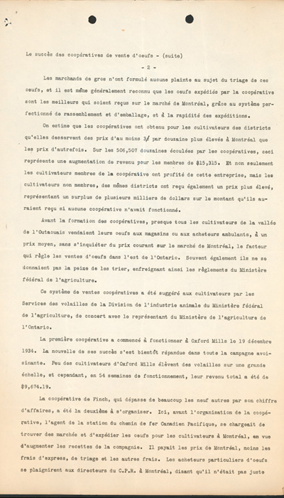 Reproduction de la deuxi&egrave;me page d’un document &eacute;manant du Bureau de publicit&eacute; et d’extension du minist&egrave;re de l’Agriculture du Canada au sujet du succ&egrave;s des coop&eacute;ratives de vente d’oeufs dans la vall&eacute;e de l’Outaouais, 1935.