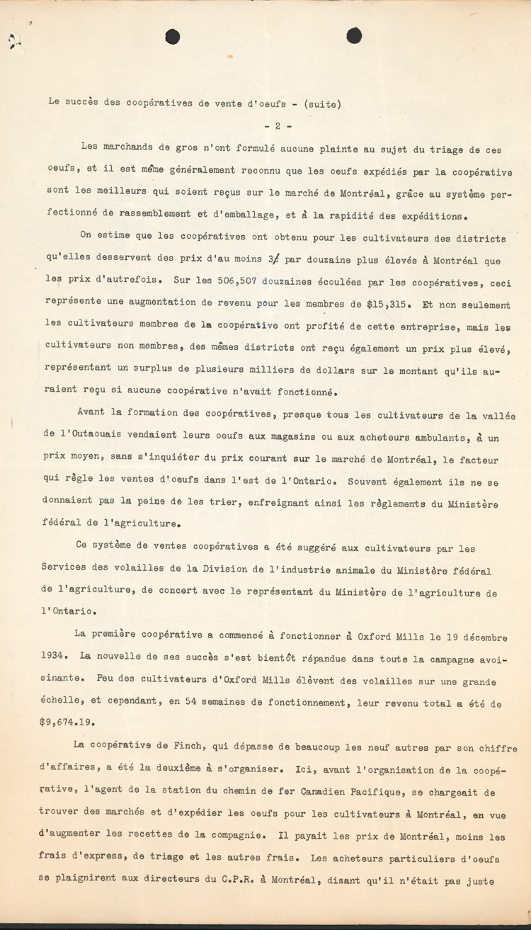 Reproduction de la deuxi&egrave;me page d’un document &eacute;manant du Bureau de publicit&eacute; et d’extension du minist&egrave;re de l’Agriculture du Canada au sujet du succ&egrave;s des coop&eacute;ratives de vente d’oeufs dans la vall&eacute;e de l’Outaouais, 1935.