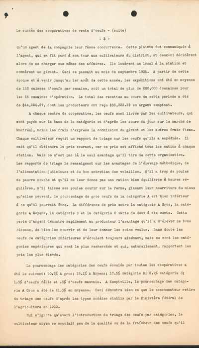 Reproduction de la troisi&egrave;me page d’un document &eacute;manant du Bureau de publicit&eacute; et d’extension du minist&egrave;re de l’Agriculture du Canada au sujet du succ&egrave;s des coop&eacute;ratives de vente d’oeufs dans la vall&eacute;e de l’Outaouais, 1935.