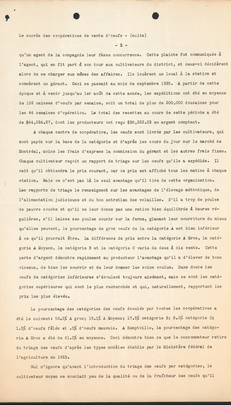 Reproduction de la troisi&egrave;me page d’un document &eacute;manant du Bureau de publicit&eacute; et d’extension du minist&egrave;re de l’Agriculture du Canada au sujet du succ&egrave;s des coop&eacute;ratives de vente d’oeufs dans la vall&eacute;e de l’Outaouais, 1935.