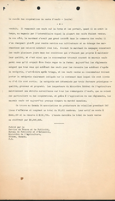 Reproduction de la quatri&egrave;me page d’un document &eacute;manant du Bureau de publicit&eacute; et d’extension du minist&egrave;re de l’Agriculture du Canada au sujet du succ&egrave;s des coop&eacute;ratives de vente d’oeufs dans la vall&eacute;e de l’Outaouais, 1935.