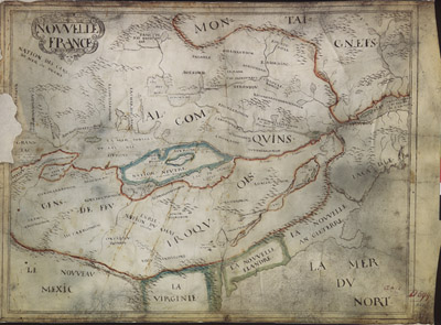 Reproduction d’une carte de la Nouvelle-France trac&eacute;e sur une peau d’animal, fruit d’une collaboration entre Fran&ccedil;ais et Autochtones, ca1641.