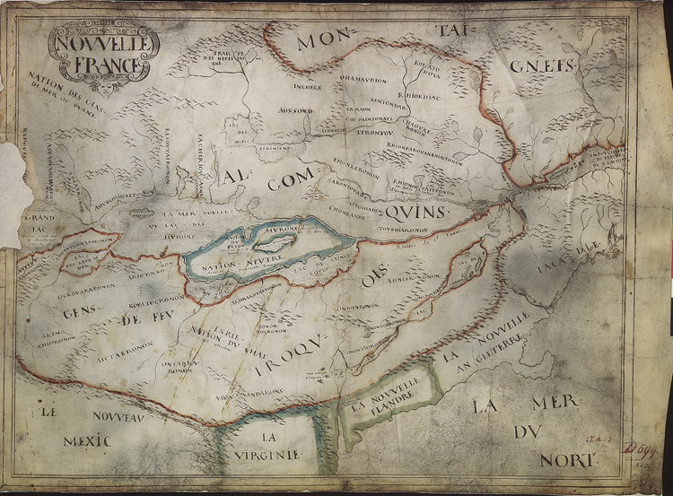 Reproduction d’une carte de la Nouvelle-France trac&eacute;e sur une peau d’animal, fruit d’une collaboration entre Fran&ccedil;ais et Autochtones, ca1641.