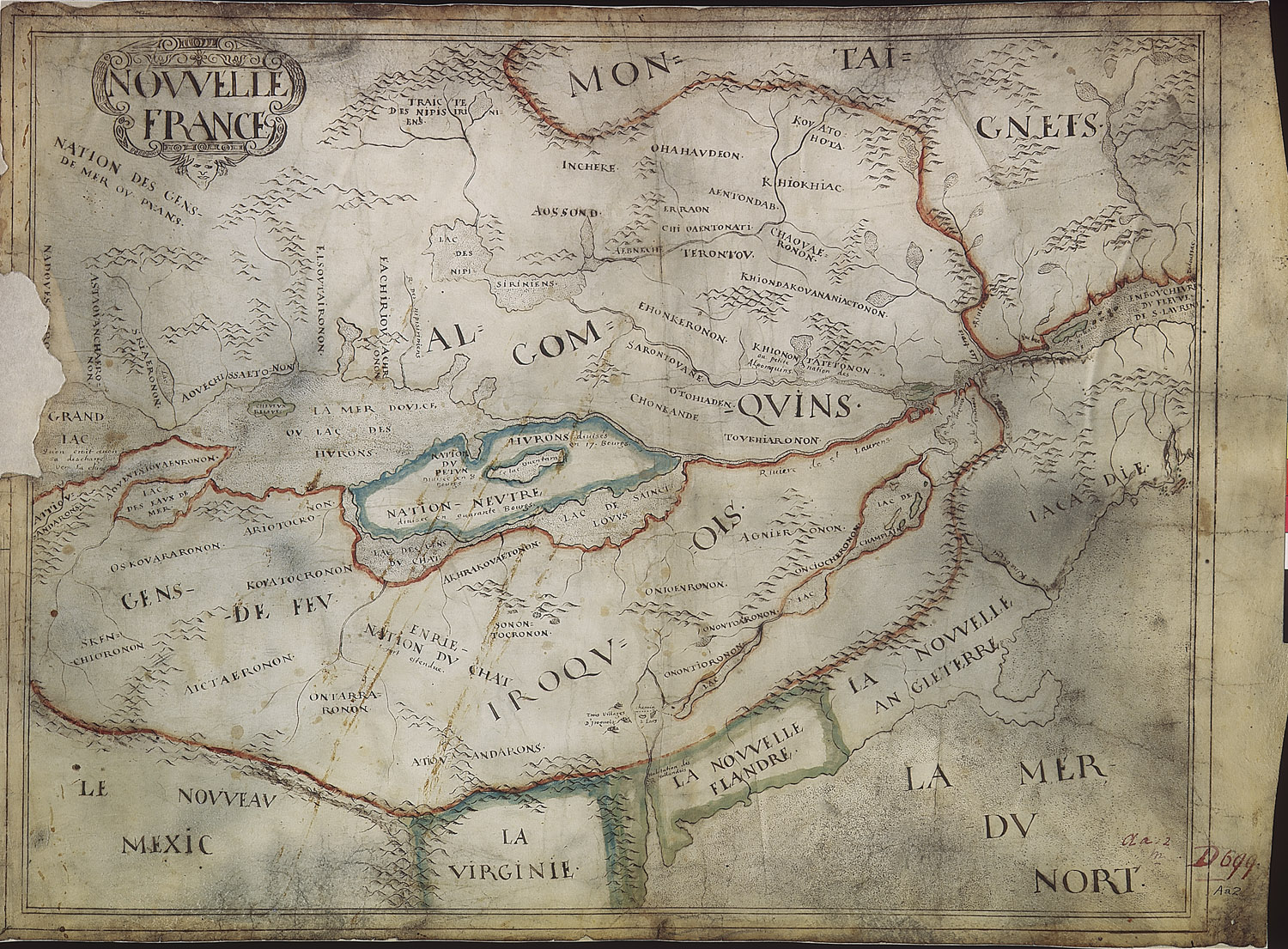 Reproduction d’une carte de la Nouvelle-France trac&eacute;e sur une peau d’animal, fruit d’une collaboration entre Fran&ccedil;ais et Autochtones, ca1641.