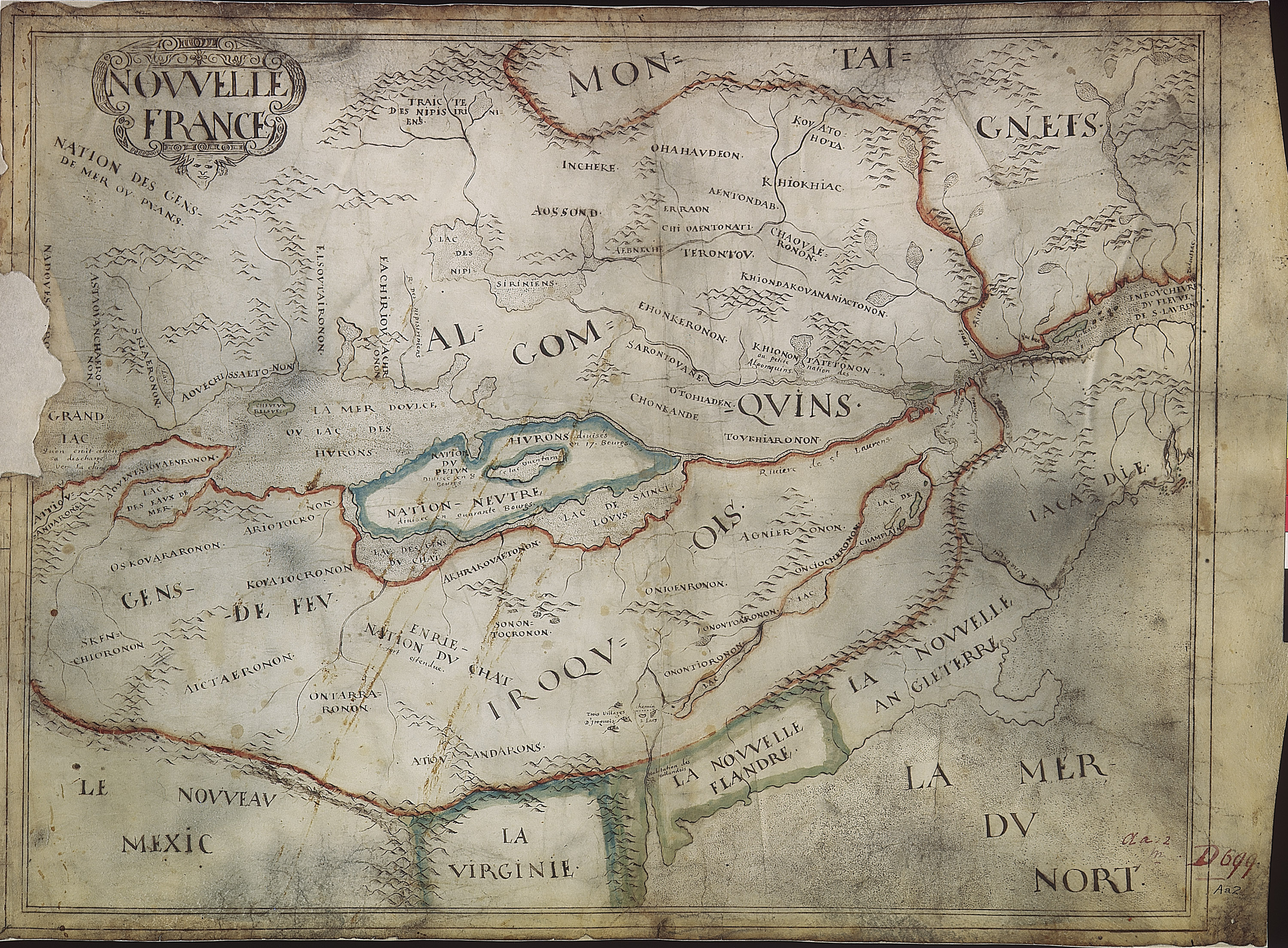 Reproduction d’une carte de la Nouvelle-France trac&eacute;e sur une peau d’animal, fruit d’une collaboration entre Fran&ccedil;ais et Autochtones, ca1641.