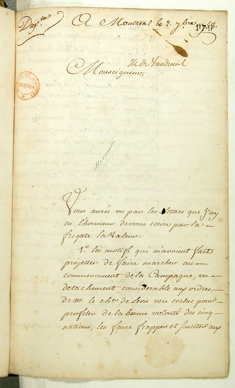 Reproduction du recto du cent soixante-dix-neuvi&egrave;me folio du cent troisi&egrave;me volume de la Correspondance g&eacute;n&eacute;rale Canada comprenant la lettre du marquis de Pierre Rigaud de Vaudreuil, gouverneur de la Nouvelle-France, au ministre des Colonies de France, Claude-Louis de Massiac, relatant la prise du fort Frontenac par les Britanniques, 2 septembre 1758.