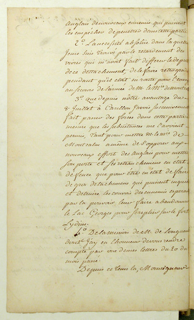 Reproduction du verso du cent soixante-dix-neuvi&egrave;me folio du cent troisi&egrave;me volume de la Correspondance g&eacute;n&eacute;rale Canada comprenant la lettre du marquis de Pierre Rigaud de Vaudreuil, gouverneur de la Nouvelle-France, au ministre des Colonies de France, Claude-Louis de Massiac, relatant la prise du fort Frontenac par les Britanniques, 2 septembre 1758.