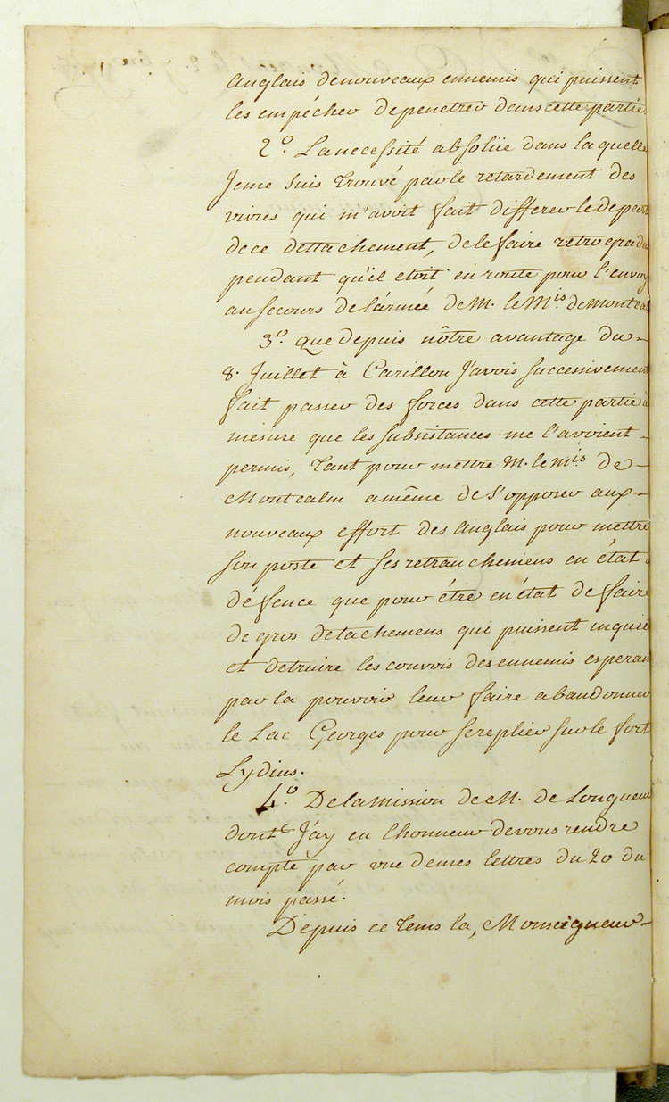 Reproduction du verso du cent soixante-dix-neuvi&egrave;me folio du cent troisi&egrave;me volume de la Correspondance g&eacute;n&eacute;rale Canada comprenant la lettre du marquis de Pierre Rigaud de Vaudreuil, gouverneur de la Nouvelle-France, au ministre des Colonies de France, Claude-Louis de Massiac, relatant la prise du fort Frontenac par les Britanniques, 2 septembre 1758.