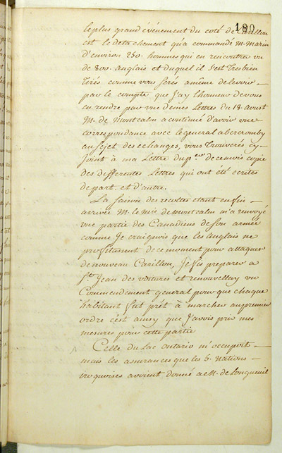 Reproduction du recto du cent quatre-vingti&egrave;me folio du cent troisi&egrave;me volume de la&nbsp;orrespondance g&eacute;n&eacute;rale Canada comprenant la lettre du marquis de Pierre Rigaud de Vaudreuil, gouverneur de la Nouvelle-France, au ministre des Colonies de France, Claude-Louis de Massiac, relatant la prise du fort Frontenac par les Britanniques, 2 septembre 1758.