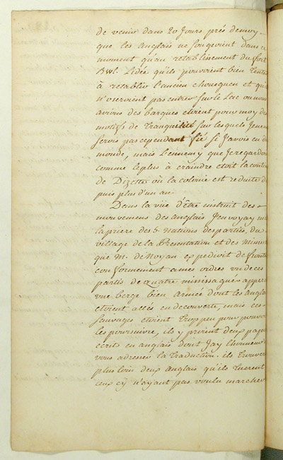 Reproduction du verso du cent quatre-vingti&egrave;me folio du cent troisi&egrave;me volume de la Correspondance g&eacute;n&eacute;rale Canada comprenant la lettre du marquis de Pierre Rigaud de Vaudreuil, gouverneur de la Nouvelle-France, au ministre des Colonies de France, Claude-Louis de Massiac, relatant la prise du fort Frontenac par les Britanniques, 2 septembre 1758.