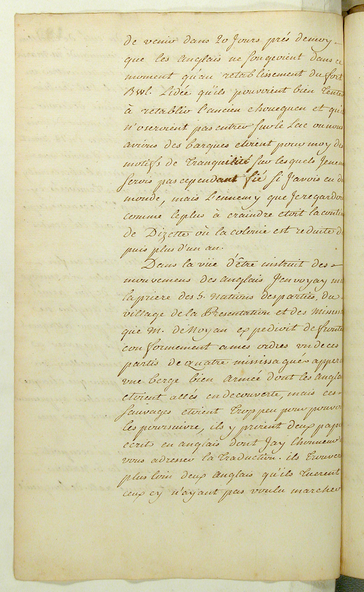 Reproduction du verso du cent quatre-vingti&egrave;me folio du cent troisi&egrave;me volume de la Correspondance g&eacute;n&eacute;rale Canada comprenant la lettre du marquis de Pierre Rigaud de Vaudreuil, gouverneur de la Nouvelle-France, au ministre des Colonies de France, Claude-Louis de Massiac, relatant la prise du fort Frontenac par les Britanniques, 2 septembre 1758.