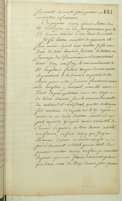 Reproduction du recto du cent quatre-vingt et uni&egrave;me folio du cent troisi&egrave;me volume de la Correspondance g&eacute;n&eacute;rale Canada comprenant la lettre du marquis de Pierre Rigaud de Vaudreuil, gouverneur de la Nouvelle-France, au ministre des Colonies de France, Claude-Louis de Massiac, relatant la prise du fort Frontenac par les Britanniques, 2 septembre 1758.