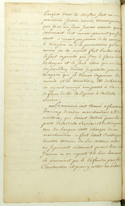 Reproduction du verso du cent quatre-vingt et uni&egrave;me folio du cent troisi&egrave;me volume de la Correspondance g&eacute;n&eacute;rale Canada comprenant la lettre du marquis de Pierre Rigaud de Vaudreuil, gouverneur de la Nouvelle-France, au ministre des Colonies de France, Claude-Louis de Massiac, relatant la prise du fort Frontenac par les Britanniques, 2 septembre 1758.