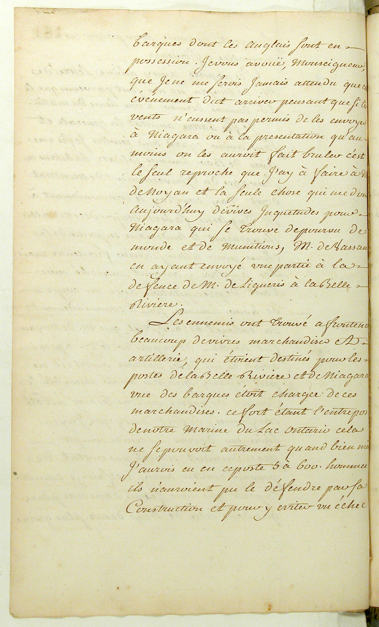 Reproduction du verso du cent quatre-vingt et uni&egrave;me folio du cent troisi&egrave;me volume de la Correspondance g&eacute;n&eacute;rale Canada comprenant la lettre du marquis de Pierre Rigaud de Vaudreuil, gouverneur de la Nouvelle-France, au ministre des Colonies de France, Claude-Louis de Massiac, relatant la prise du fort Frontenac par les Britanniques, 2 septembre 1758.