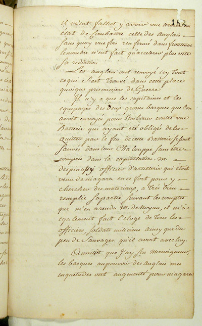 Reproduction du recto du cent quatre-vingt-deuxi&egrave;me folio du cent troisi&egrave;me volume de la Correspondance g&eacute;n&eacute;rale Canada comprenant la lettre du marquis de Pierre Rigaud de Vaudreuil, gouverneur de la Nouvelle-France, au ministre des Colonies de France, Claude-Louis de Massiac, relatant la prise du fort Frontenac par les Britanniques, 2 septembre 1758.