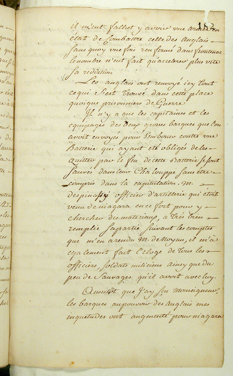 Reproduction du recto du cent quatre-vingt-deuxi&egrave;me folio du cent troisi&egrave;me volume de la Correspondance g&eacute;n&eacute;rale Canada comprenant la lettre du marquis de Pierre Rigaud de Vaudreuil, gouverneur de la Nouvelle-France, au ministre des Colonies de France, Claude-Louis de Massiac, relatant la prise du fort Frontenac par les Britanniques, 2 septembre 1758.