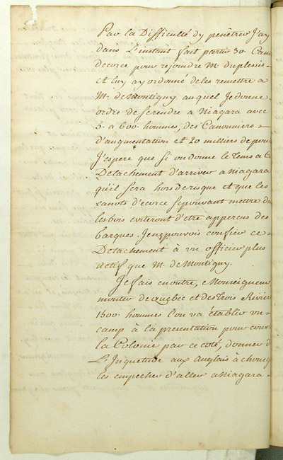 Reproduction du verso du cent quatre-vingt-deuxi&egrave;me folio du cent troisi&egrave;me volume de la Correspondance g&eacute;n&eacute;rale Canada comprenant la lettre du marquis de Pierre Rigaud de Vaudreuil, gouverneur de la Nouvelle-France, au ministre des Colonies de France, Claude-Louis de Massiac, relatant la prise du fort Frontenac par les Britanniques, 2 septembre 1758.