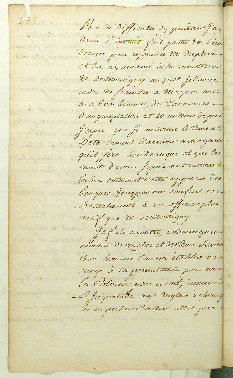 Reproduction du verso du cent quatre-vingt-deuxi&egrave;me folio du cent troisi&egrave;me volume de la Correspondance g&eacute;n&eacute;rale Canada comprenant la lettre du marquis de Pierre Rigaud de Vaudreuil, gouverneur de la Nouvelle-France, au ministre des Colonies de France, Claude-Louis de Massiac, relatant la prise du fort Frontenac par les Britanniques, 2 septembre 1758.