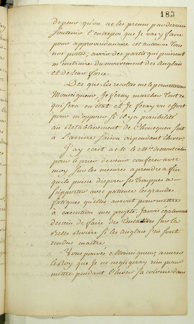 Reproduction du recto du cent quatre-vingt-troisi&egrave;me folio du cent troisi&egrave;me volume de la Correspondance g&eacute;n&eacute;rale Canada comprenant la lettre du marquis de Pierre Rigaud de Vaudreuil, gouverneur de la Nouvelle-France, au ministre des Colonies de France, Claude-Louis de Massiac, relatant la prise du fort Frontenac par les Britanniques, 2 septembre 1758.