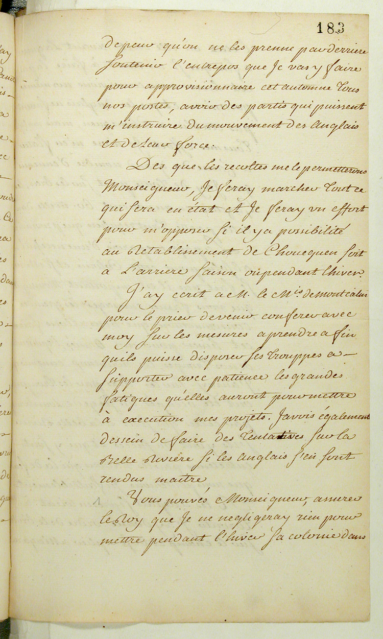 Reproduction du recto du cent quatre-vingt-troisi&egrave;me folio du cent troisi&egrave;me volume de la Correspondance g&eacute;n&eacute;rale Canada comprenant la lettre du marquis de Pierre Rigaud de Vaudreuil, gouverneur de la Nouvelle-France, au ministre des Colonies de France, Claude-Louis de Massiac, relatant la prise du fort Frontenac par les Britanniques, 2 septembre 1758.