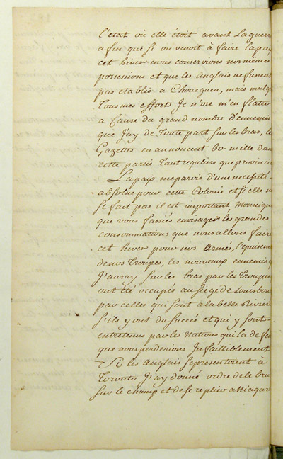 Reproduction du verso du cent quatre-vingt-troisi&egrave;me folio du cent troisi&egrave;me volume de la Correspondance g&eacute;n&eacute;rale Canada comprenant la lettre du marquis de Pierre Rigaud de Vaudreuil, gouverneur de la Nouvelle-France, au ministre des Colonies de France, Claude-Louis de Massiac, relatant la prise du fort Frontenac par les Britanniques, 2 septembre 1758.