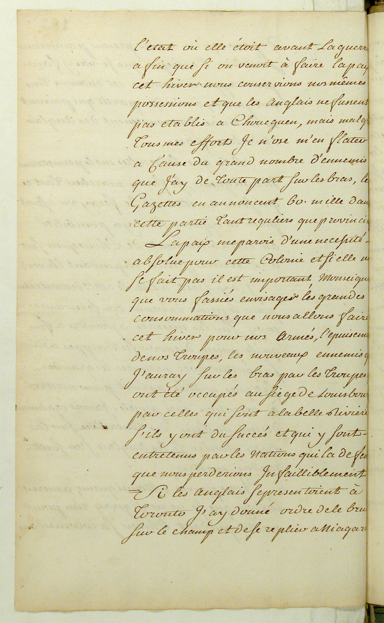 Reproduction du verso du cent quatre-vingt-troisi&egrave;me folio du cent troisi&egrave;me volume de la Correspondance g&eacute;n&eacute;rale Canada comprenant la lettre du marquis de Pierre Rigaud de Vaudreuil, gouverneur de la Nouvelle-France, au ministre des Colonies de France, Claude-Louis de Massiac, relatant la prise du fort Frontenac par les Britanniques, 2 septembre 1758.