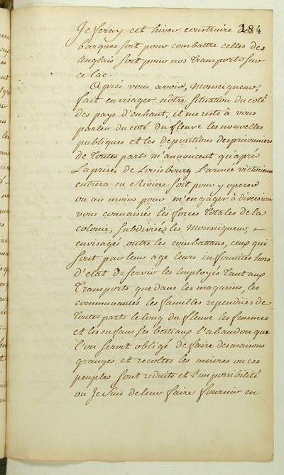 Reproduction du recto du cent quatre-vingt-quatri&egrave;me folio du cent troisi&egrave;me volume de la Correspondance g&eacute;n&eacute;rale Canada comprenant la lettre du marquis de Pierre Rigaud de Vaudreuil, gouverneur de la Nouvelle-France, au ministre des Colonies de France, Claude-Louis de Massiac, relatant la prise du fort Frontenac par les Britanniques, 2 septembre 1758.