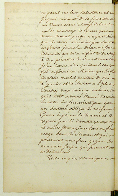 Reproduction du verso du cent quatre-vingt-quatri&egrave;me folio du cent troisi&egrave;me volume de la Correspondance g&eacute;n&eacute;rale Canada comprenant la lettre du marquis de Pierre Rigaud de Vaudreuil, gouverneur de la Nouvelle-France, au ministre des Coloniee de France, Claude-Louis de Massiac, relatant la prise du fort Frontenac par les Britanniques, 2 septembre 1758.