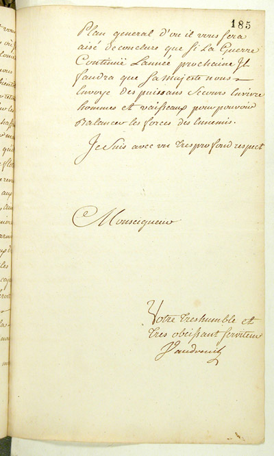 Reproduction du recto du cent quatre-vingt-cinqui&egrave;me folio du cent troisi&egrave;me volume de la Correspondance g&eacute;n&eacute;rale Canada comprenant la lettre du marquis de Pierre Rigaud de Vaudreuil, gouverneur de la Nouvelle-France, au ministre des Coloniee de France, Claude-Louis de Massiac, relatant la prise du fort Frontenac par les Britanniques, 2 septembre 1758.