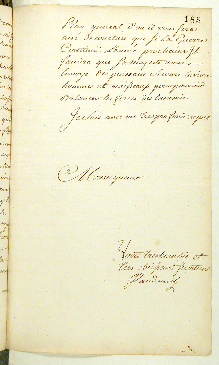 Reproduction du recto du cent quatre-vingt-cinqui&egrave;me folio du cent troisi&egrave;me volume de la Correspondance g&eacute;n&eacute;rale Canada comprenant la lettre du marquis de Pierre Rigaud de Vaudreuil, gouverneur de la Nouvelle-France, au ministre des Coloniee de France, Claude-Louis de Massiac, relatant la prise du fort Frontenac par les Britanniques, 2 septembre 1758.