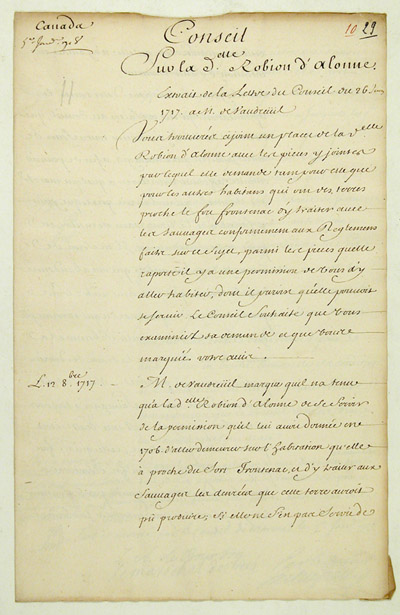 Reproduction du recto du vingt-neuvi&egrave;me folio du cent vingt-quatri&egrave;me volume de la Correspondance g&eacute;n&eacute;rale Canada comprenant la d&eacute;lib&eacute;ration du Conseil de la Marine au sujet d’une requ&ecirc;te de Madeleine de Roybon d’Allonne concernant le commerce avec les Indiens au fort Frontenac, 5 janvier 1718.