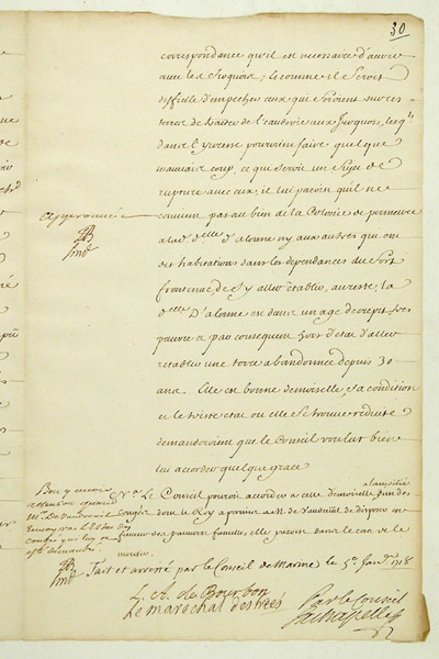Reproduction du recto du trenti&egrave;me folio du cent vingt-quatri&egrave;me volume de la Correspondance g&eacute;n&eacute;rale Canada comprenant la d&eacute;lib&eacute;ration du Conseil de la Marine au sujet d’une requ&ecirc;te de Madeleine de Roybon d’Allonne concernant le commerce avec les Indiens au fort Frontenac, 5 janvier 1718.