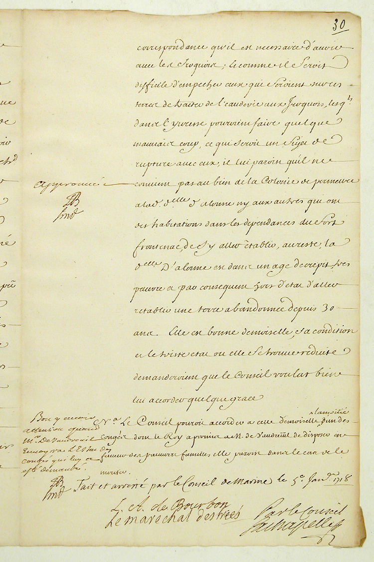 Reproduction du recto du trenti&egrave;me folio du cent vingt-quatri&egrave;me volume de la Correspondance g&eacute;n&eacute;rale Canada comprenant la d&eacute;lib&eacute;ration du Conseil de la Marine au sujet d’une requ&ecirc;te de Madeleine de Roybon d’Allonne concernant le commerce avec les Indiens au fort Frontenac, 5 janvier 1718.